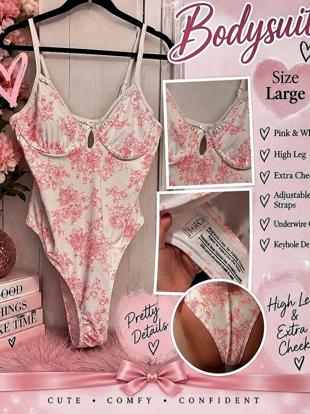 Floral Keyhole Bodysuit in Pink & White Large